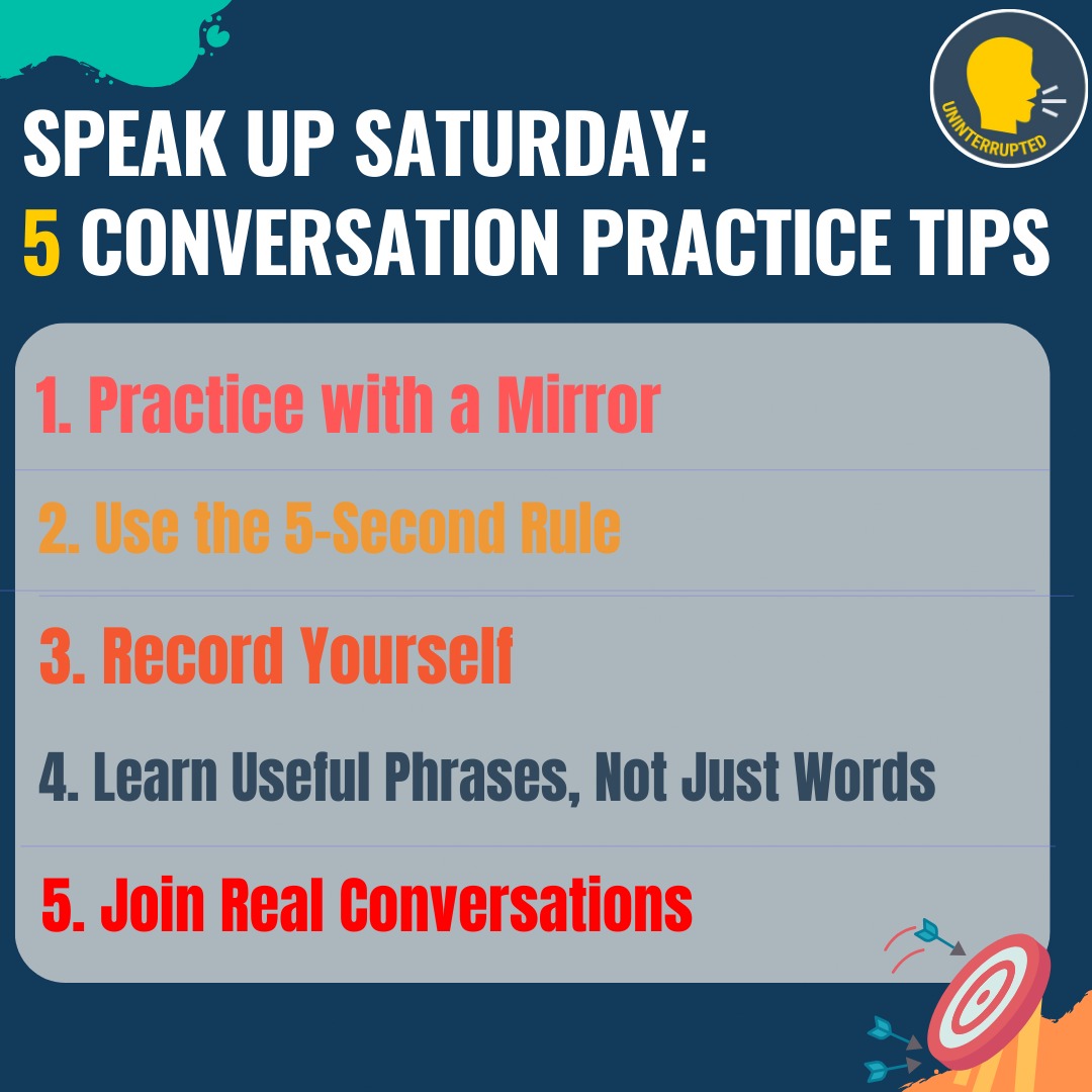 UninterruptedLF's tweet image. 🎯 Don’t wait to be perfect — start speaking now.
Fluency comes from doing, not just knowing.

💬 Which tip will you try today?

#SpeakUpSaturday #EnglishSpeakingTips #ConversationPractice #FluentEnglish #SpokenEnglish #ConfidenceBooster #GetUninterrupted #LearnEnglish #