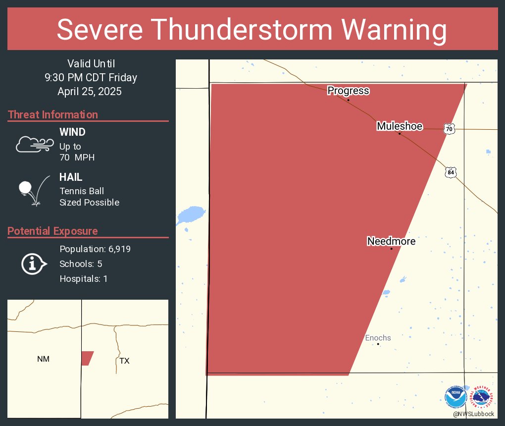 Severe Thunderstorm Warning continues for Muleshoe TX, Progress TX and  Needmore TX until 9:30 PM CDT. This storm will contain wind gusts to 70 MPH and tennis ball sized hail!