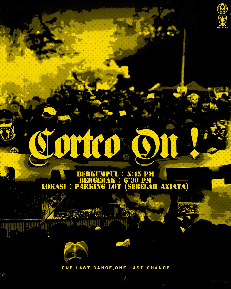 Corteo on!

Pastikan berkumpul di parking lot sebelah Axiata pada pukul 5.45PM!

Kita akan bergerak pada pukul 6.30PM. Datang awal, lambat tinggal!

#DirgahayuDarulMakmur
#PialaMalaysia