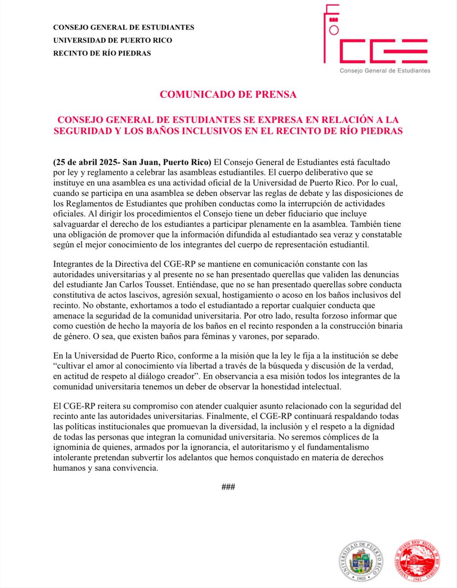 cgeuprrp's tweet photo. El CGE-RP y el Recinto de Río Piedras publicamos comunicados oficiales aclarando *desinformación* difundida tras la Asamblea General de Estudiantes del 23 de abril.

🤝Reafirmamos el compromiso con la seguridad, la inclusión y la transparencia.
#UPRRP #CGEUPRRP #AsambleaGeneral https://t.co/xFOK4TsKDR