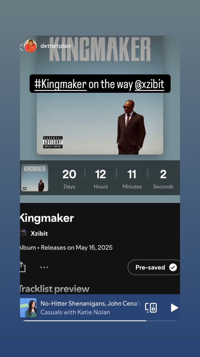 xzibit's tweet photo. It’s almost go time! I need all my day ones and all the new day ones to go to @Spotify right now and click that Pre Save for my upcoming album release of #KINGMAKER
🙏🏾🙏🏾🙏🏾 You are appreciated 💪🏾💪🏾💪🏾 https://t.co/aQUWWPpXaK
