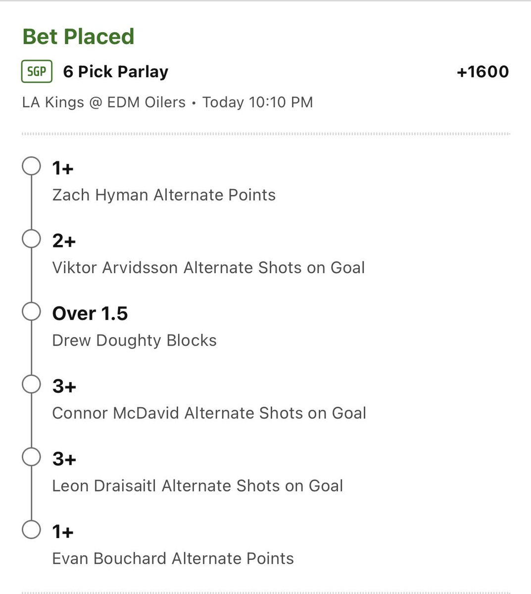 🏒NHL Plays🏒

Just in case we see a ridiculous game - here’s a goal lotto and one more parlay for fun

Saving 0.1u for a live goal scorer in this one. Expected this to be the game where I target one

+5518 -> 0.1u to win 5.52u
+1600 parlay -> 0.2u to win 3.2u