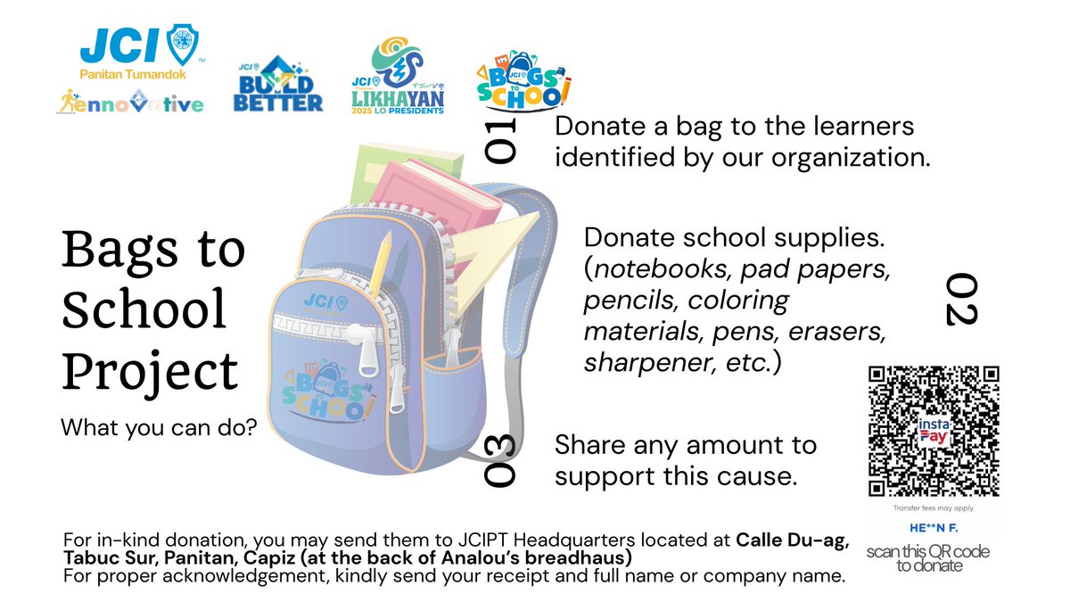 NarsDaily143's tweet photo. Empower a dream by supporting our cause to provide bags filled with needed school supplies to public school young learners in Capiz.

To be part of this advocacy, please see photo below. 👇

#JCIPhilippines #jcipbatchlikhayan #JCIPanitanTumandok #iennovative2025
#BagsToSchool https://t.co/wP26kIk6DP