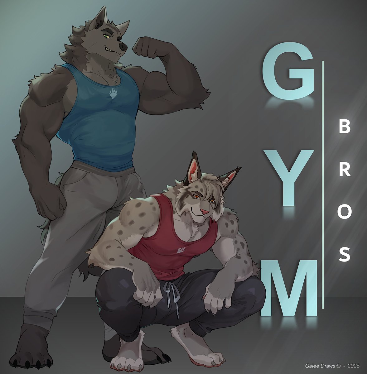 Drawing of my fursona (lynx) and a friend, since we go to the gym together, it occurred to me to make it