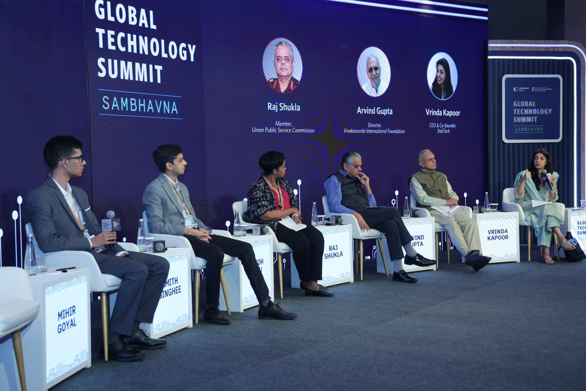 CarnegieIndia's tweet photo. What does #DeepSeek mean for innovation, equity & #AI geopolitics?
At #GlobalTechSummit, @asinghee1, @DrShikoh, Mihir Goyal, @Gen_RajShukla, @lbscidsa & @VrindaKa discussed #AI diffusion, open models, and global power asymmetries.
📺 Watch: https://t.co/UEs4qXWz3a