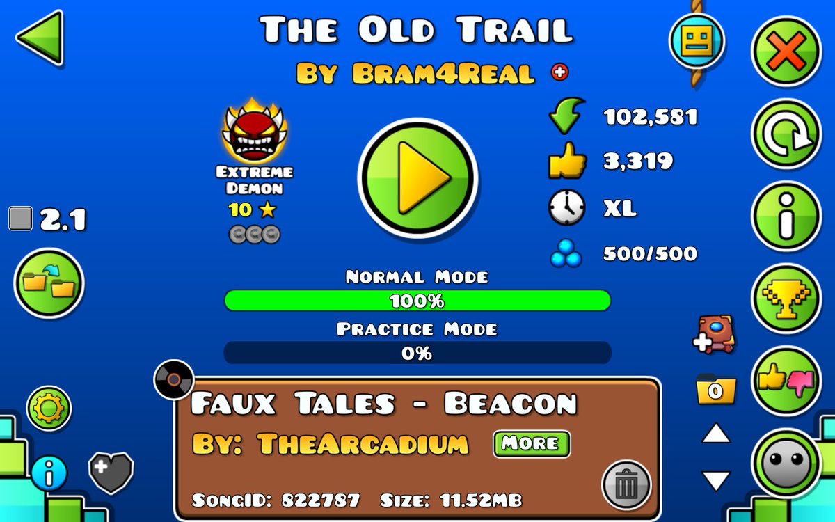 The Old Trail 100%! 23rd Extreme
3rd Hardest, easier than Black Blizzard, harder than Berserk

Dope level with an awesome atmosphere, which keeps building the whole way and ends super climatically in a 2 player dual! It was hard to learn but it was a cool experience I'd recommend