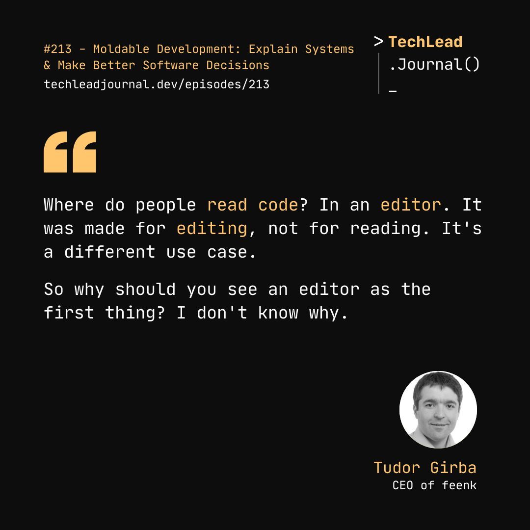 Tech Lead Journal (@techleadjournal) on Twitter photo Why do we read code in an editor? It’s built for editing, not reading.
Hear more from <a href="/girba/">Tudor Girba</a> in episode 213.
#softwareengineer #decisionmaking Why do we read code in an editor? It’s built for editing, not reading.
Hear more from <a href="/girba/">Tudor Girba</a> in episode 213.
#softwareengineer #decisionmaking