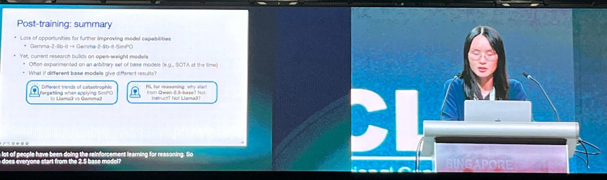 Really enjoyed <a href="/danqi_chen/">Danqi Chen</a>‘s keynote at #ICLR2025 this morning. She made a great case for research on LM training on academic budgets with focus on model architectures, data quality and post training coupled with systematic benchmarking