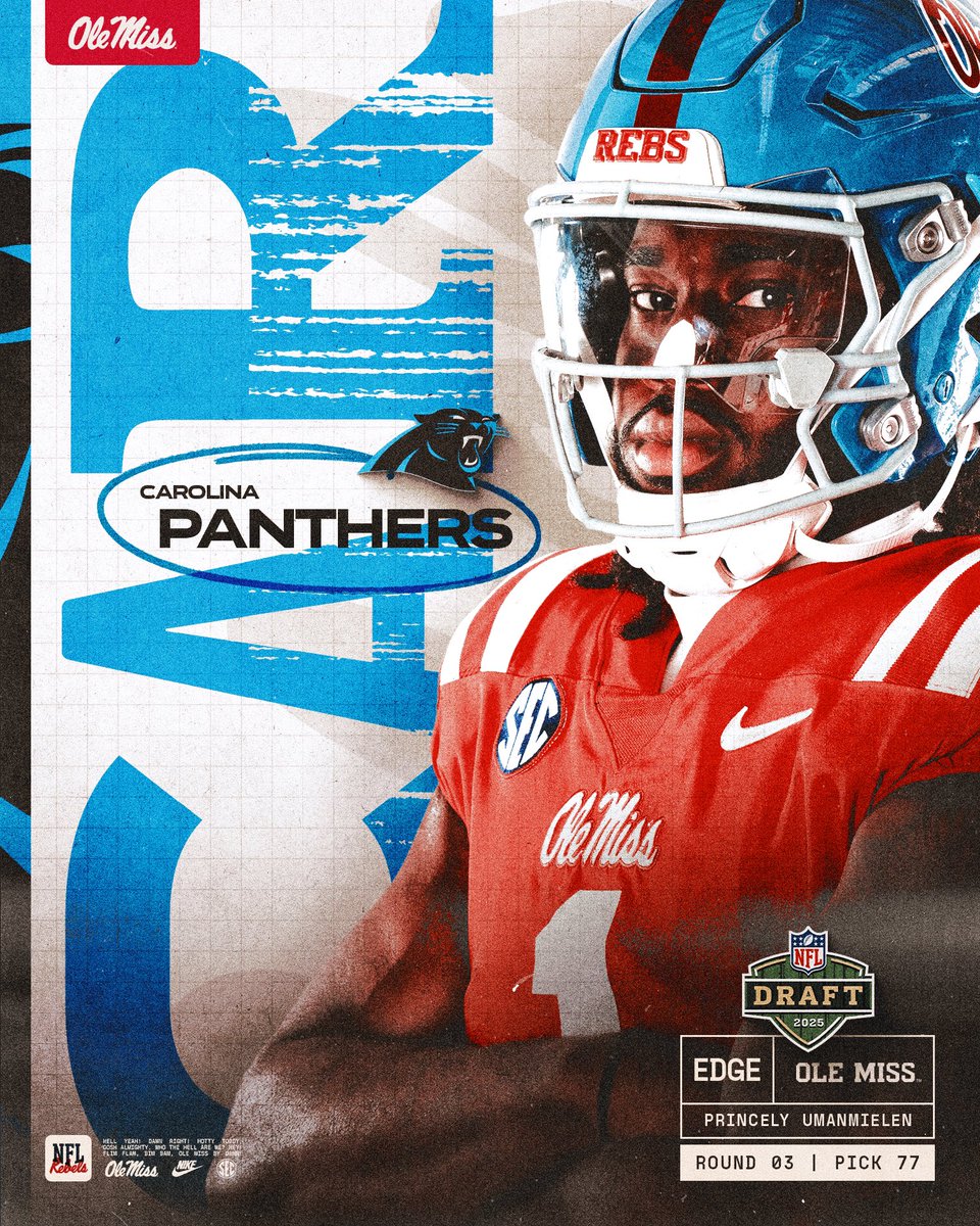 Ole Miss Football (@olemissfb) on Twitter photo The 'Sip ➡️ Charlotte, NC
Princely Umanmielen is heading to the <a href="/Panthers/">Carolina Panthers</a>‼️
Round 03 | Pick 77
#HottyToddy x #KeepPounding The 'Sip ➡️ Charlotte, NC
Princely Umanmielen is heading to the <a href="/Panthers/">Carolina Panthers</a>‼️
Round 03 | Pick 77
#HottyToddy x #KeepPounding