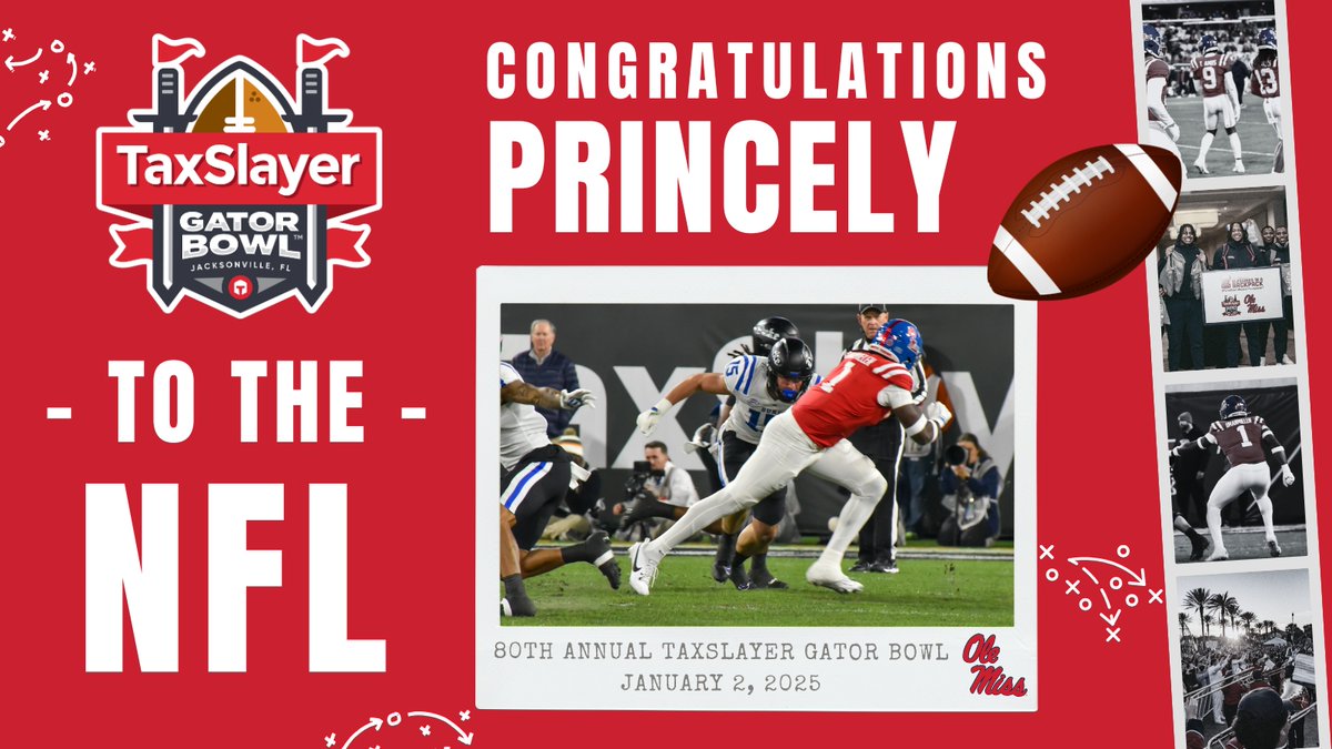 taxslayerbowl's tweet photo. Pick #77 of the 2025 #NFLDraft... Congrats to 80th TaxSlayer Gator Bowl & @OleMissFB alum, @d1princely π
Best of luck in your new adventure with the @Panthers, #SlayIt!
#TSGBtoNFL https://t.co/BXgKjsI4TU