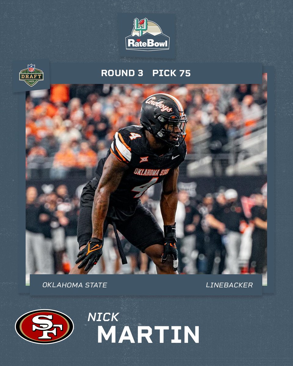 Rate Bowl (@ratebowl) on Twitter photo Our first Rate Bowl alum is off the board in the 2025 #NFLDraft!
Nick Martin is heading west to the Bay Area, drafted 75th by the <a href="/49ers/">San Francisco 49ers</a>. The <a href="/CowboyFB/">OSU Cowboy Football</a> linebacker competed in the 2022 Rate Bowl. Our first Rate Bowl alum is off the board in the 2025 #NFLDraft!
Nick Martin is heading west to the Bay Area, drafted 75th by the <a href="/49ers/">San Francisco 49ers</a>. The <a href="/CowboyFB/">OSU Cowboy Football</a> linebacker competed in the 2022 Rate Bowl.