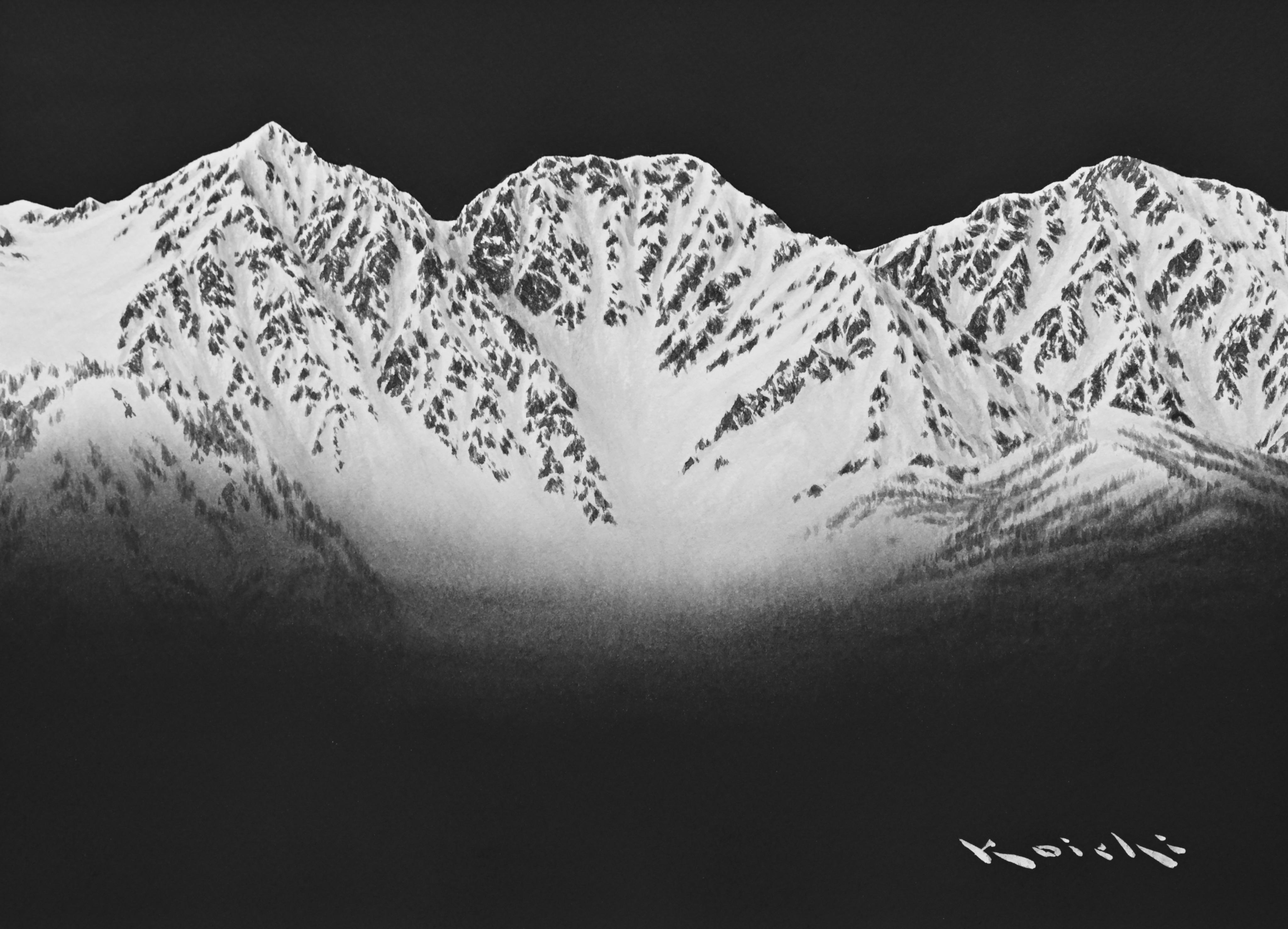 ☆山下康一 やましたこういち 紙に墨「爺ケ岳」 絵画｜日本画