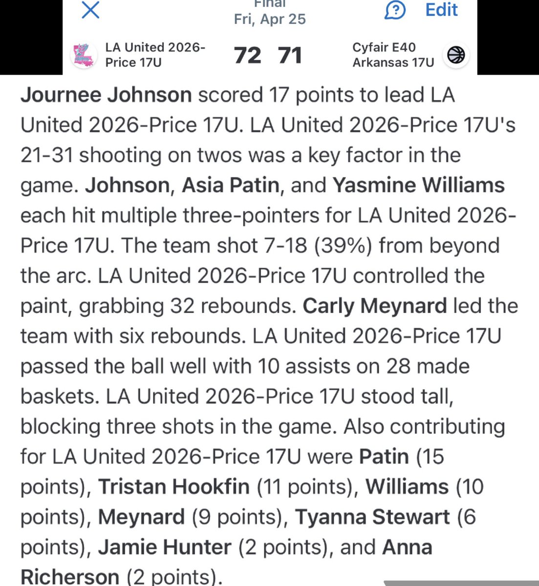 Journee Johnson #3 C/O '26 (@journeedemwai) on Twitter photo “Heart of Texas” first game was a thriller! #SlimSniper #LAUKIDS <a href="/LBR_Basketball/">LBRBasketball</a> <a href="/OTBSports_/">Off the Bench Sports/PREP NEWS/ Life Off The Bench</a> <a href="/PGHLouisiana/">Prep Girls Hoops Louisiana</a> <a href="/PlayerRIMedies/">Player Rimedies</a> <a href="/KeyPlayerNation/">KeyPlayer®️Nation</a> <a href="/WBBGems/">Womens Hoops Hidden Gems</a> <a href="/WorldExposureWB/">World Exposure Report Women’s Basketball</a> “Heart of Texas” first game was a thriller! #SlimSniper #LAUKIDS <a href="/LBR_Basketball/">LBRBasketball</a> <a href="/OTBSports_/">Off the Bench Sports/PREP NEWS/ Life Off The Bench</a> <a href="/PGHLouisiana/">Prep Girls Hoops Louisiana</a> <a href="/PlayerRIMedies/">Player Rimedies</a> <a href="/KeyPlayerNation/">KeyPlayer®️Nation</a> <a href="/WBBGems/">Womens Hoops Hidden Gems</a> <a href="/WorldExposureWB/">World Exposure Report Women’s Basketball</a>