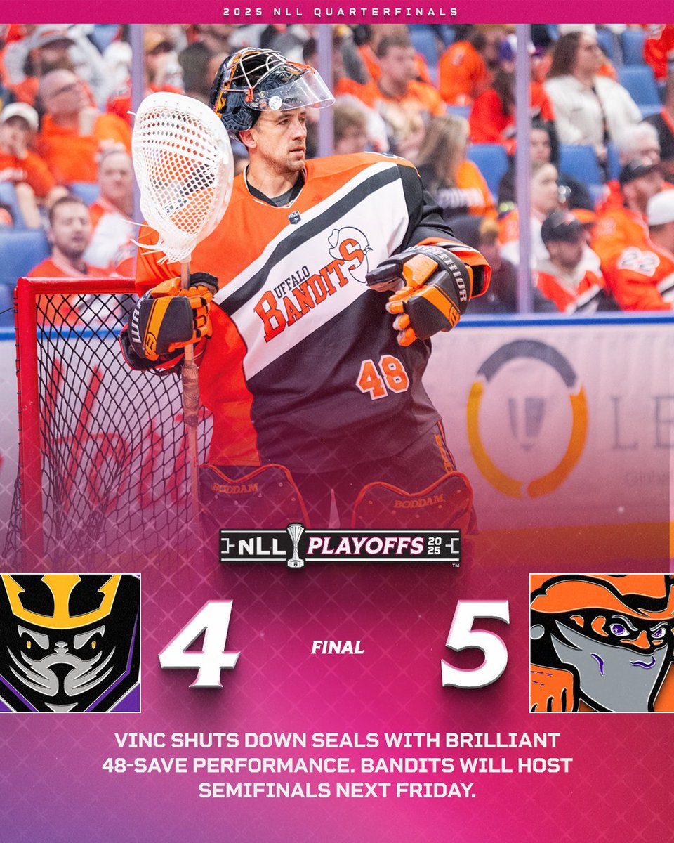 NLL's tweet image. The Bandits take down the Seals 5-4 to advance to the Semifinals in the lowest-scoring playoff game in NLL History!