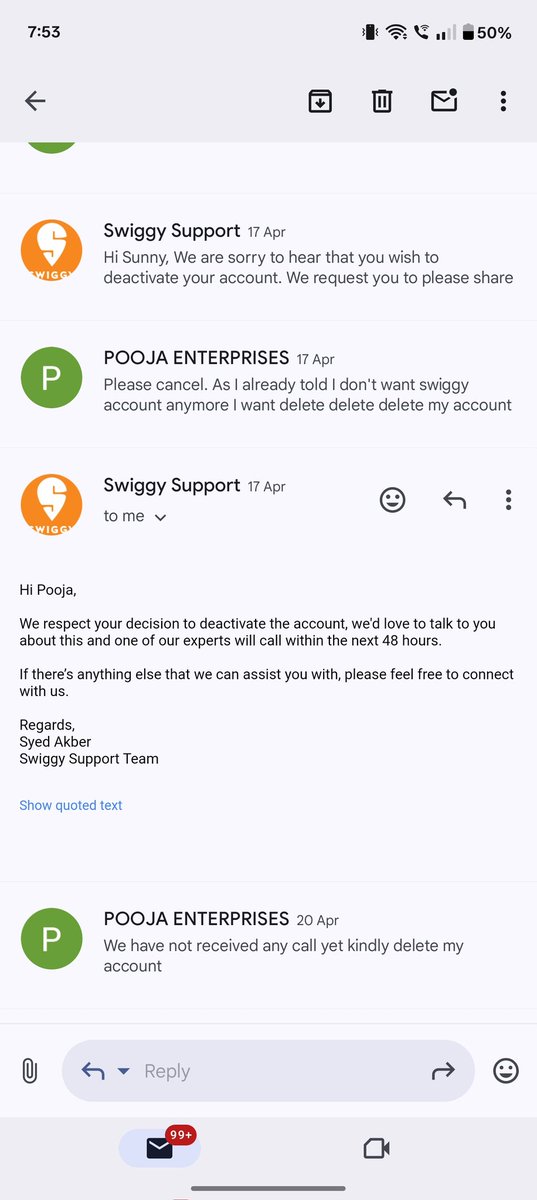 bigboss0143's tweet photo. @SwiggyCares @Swiggy swiggy email support is f***ck I just drop mail to delete my swiggy account but these Lie No call received drop many mail https://t.co/1M2q9rxezf