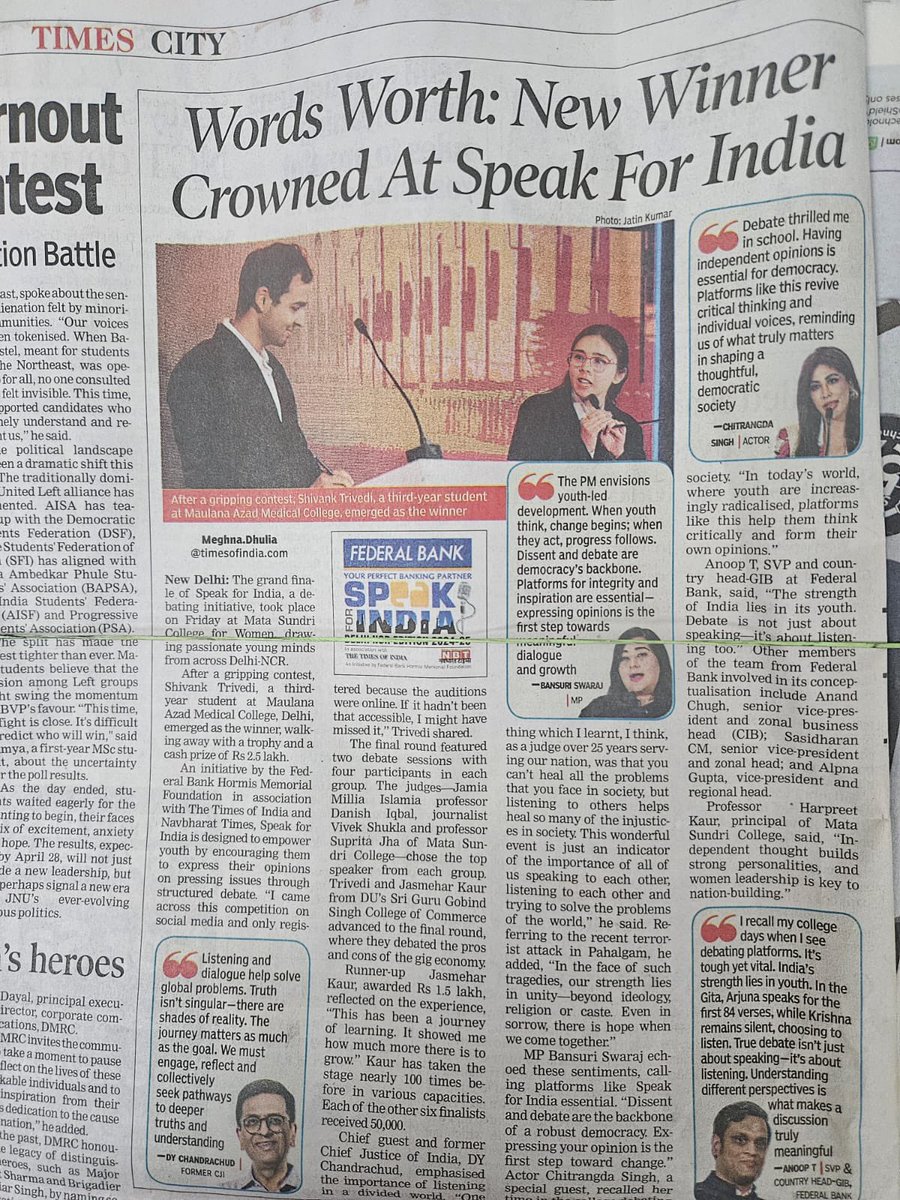 SGGSCC_DU's tweet photo. Jasmehar, student of Sri Guru Gobind Singh College of Commerce, was adjudged runner up at  Speak for India National debate organised by Federal Bank and The Times of India. https://t.co/DiiVk3UOjU
