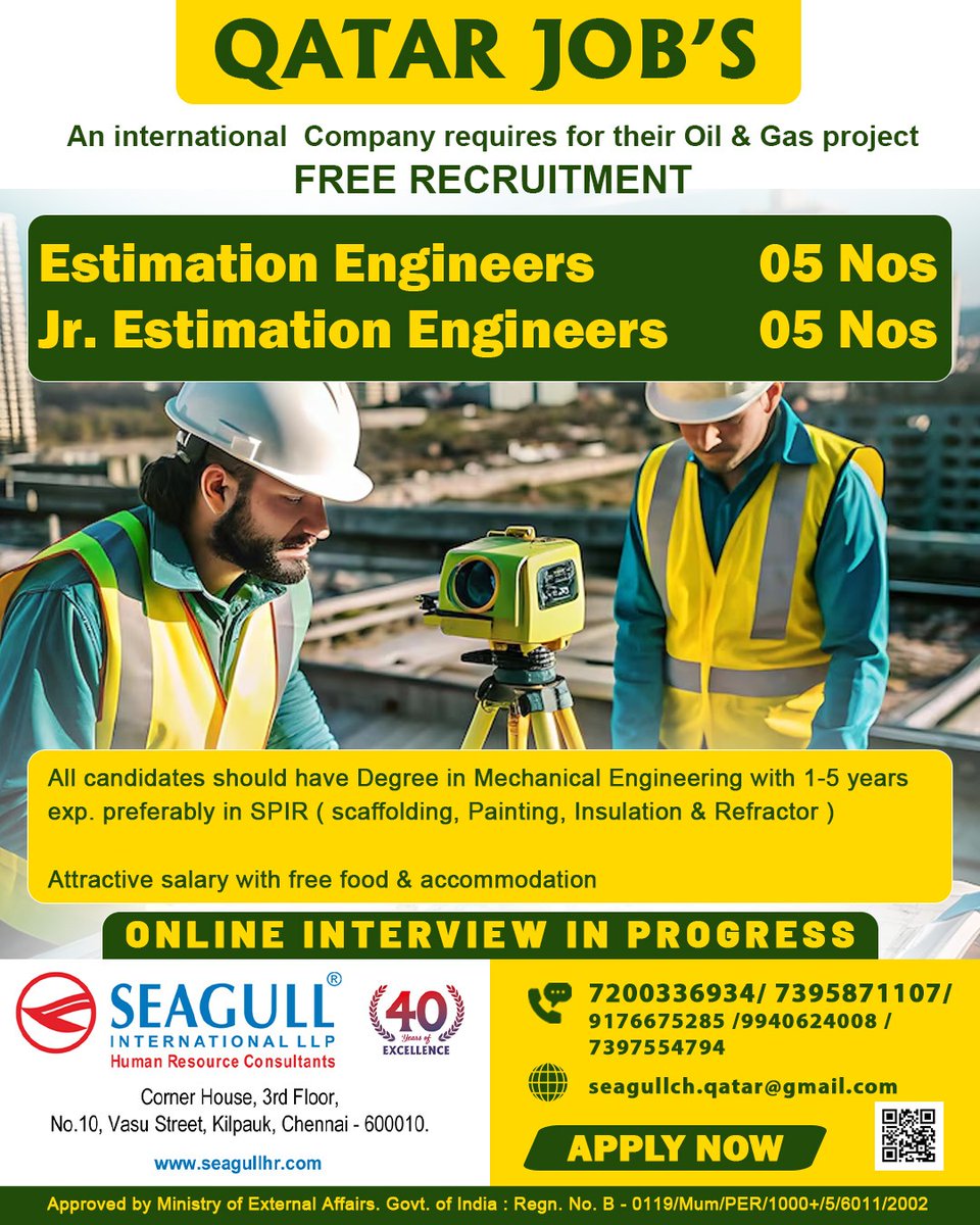 hrd1_seagull's tweet image. 🇶🇦Qatar Jobs 
💻Online Interview In Progress
📍Location - Chennai
.

.

.
#qatarjobs #seagull #estimationengineer #jrestimationengineers #oilandgas