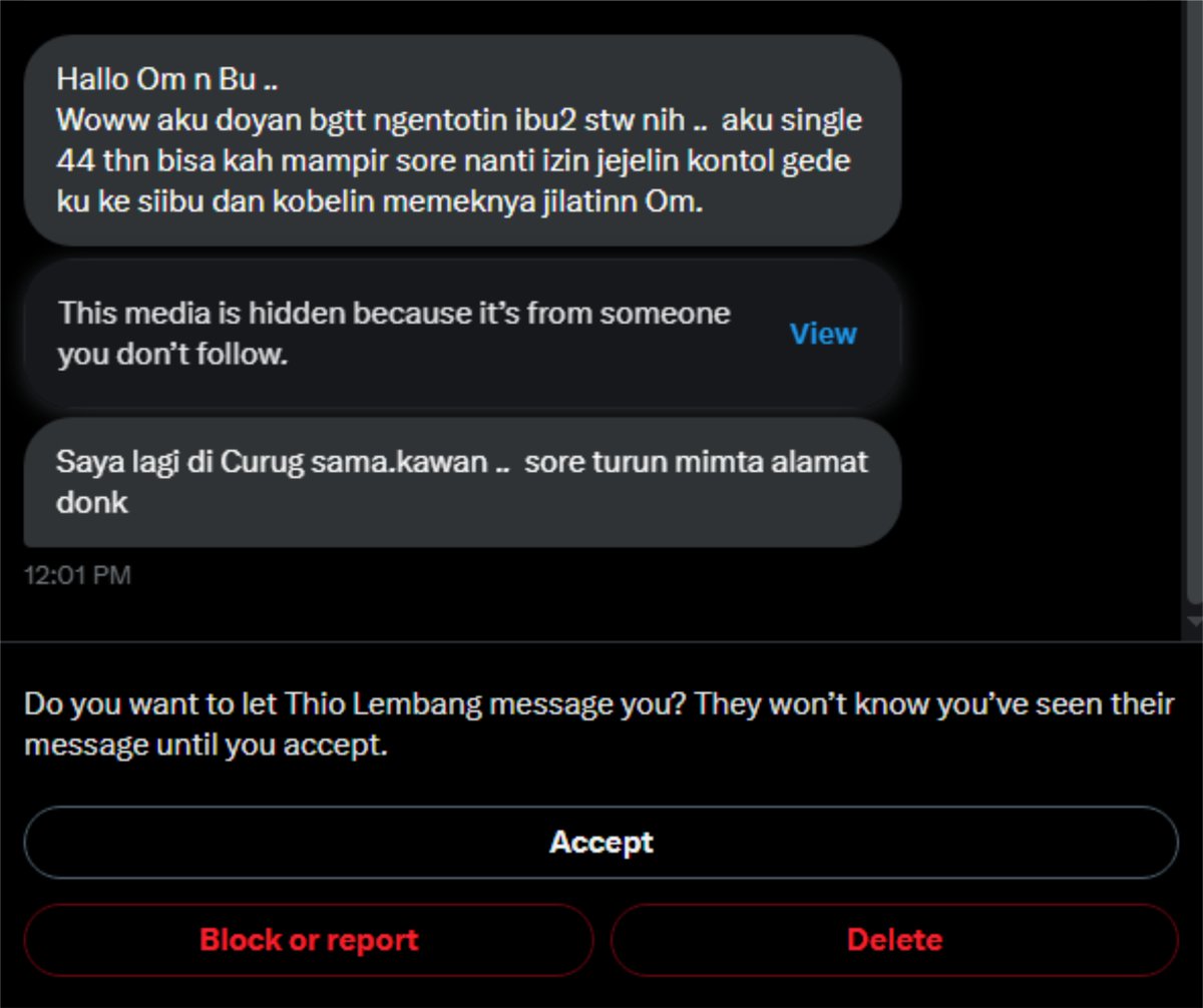 Tua tp goblok nya gak ketolong. Pantes aja single. Dan yg modelan bgini banyak banget dsini

DM yg isinya:
Salken
Hai
Hello
Pagi/sore/malem
Minat
Boleh join
Tinggal dmn
Jkt nya mana
Mau donk, dll

Maaf ya langsung aku hapus!
Yg udh kirim foto tp gk aku bales, maaf aku gk cocok 🙏