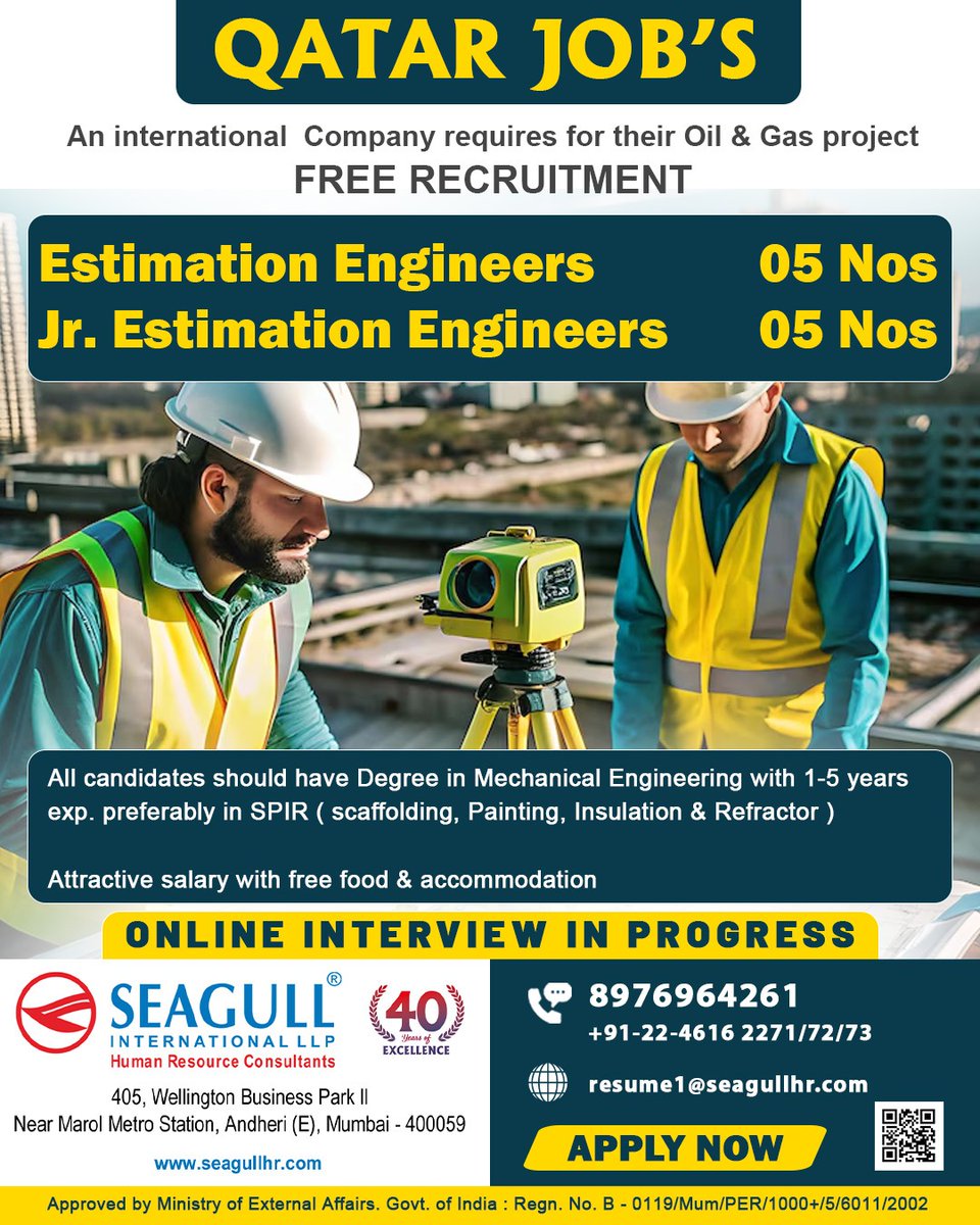 hrd1_seagull's tweet image. 🇶🇦Qatar Jobs 
💻Online Interview In Progress
📍Location - Mumbai
.

.

.
#qatarjobs #seagull #estimationengineer #jrestimationengineers #oilandgas