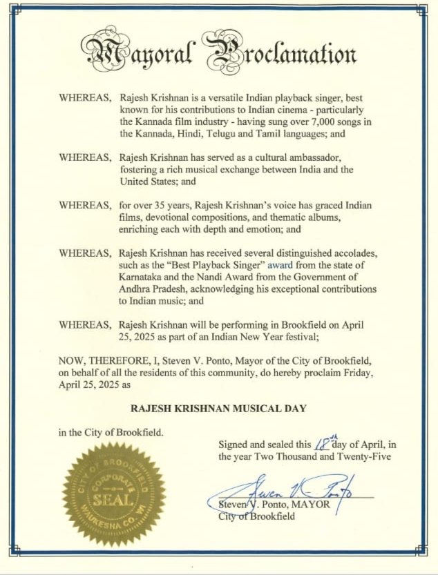 Rajeshunplugged's tweet photo. Happy to inform you all that April 25th 2025 was considered as "RAJESH KRISHNAN MUSICAL DAY" by the City of Brookfield, Wisconsin, United States of America. https://t.co/qfL3DqasGL