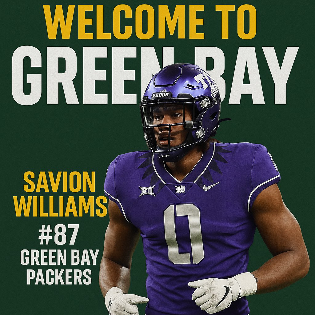 Packers_Mx's tweet photo. Con el pick #87 del Draft 2025, los Green Bay Packers seleccionan al WR Savion Williams (TCU).
 Un receptor de gran tamaño: 1.93 m, 101 kg.
 Atleta explosivo con capacidad para ganar balones disputados.
#PackersDraft #NFLDraft https://t.co/NcoyfjUNTv
