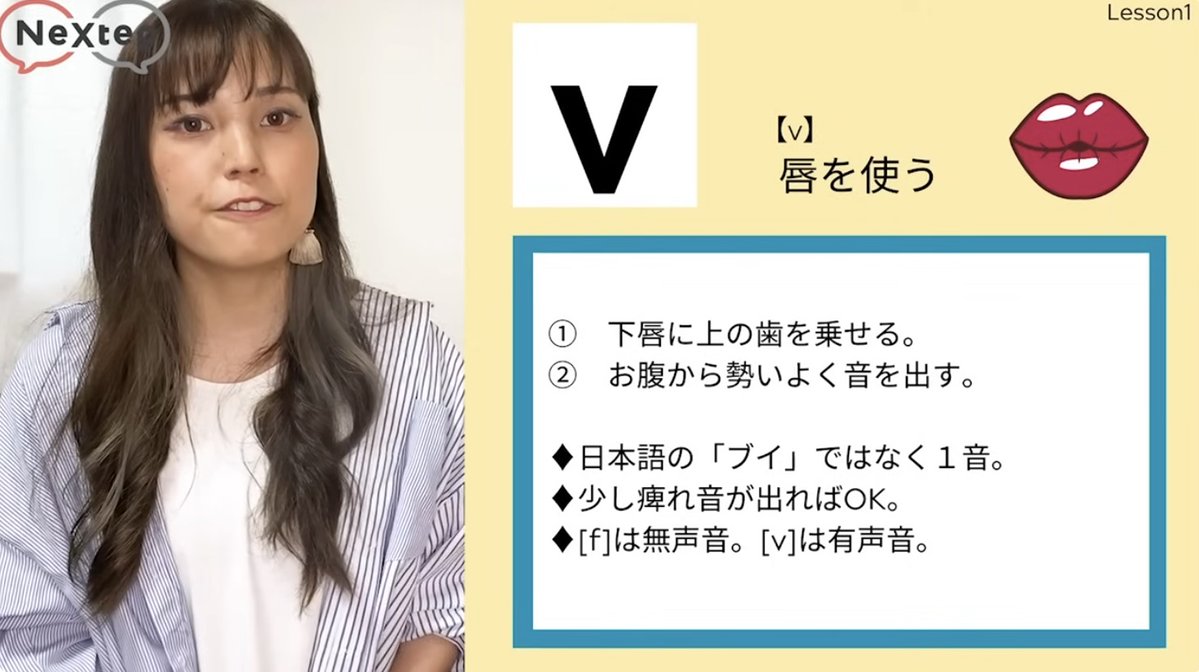 「f」ができれば、「v」は超簡単！「f」と「v」の口の形は全く一緒。違うのは、音があるか、ないかだけ。「v」は「有声音」で音を出せば、唇が痺れる感じになる。これができれば、日本人の苦手な「bet(賭け）」と「vet（獣医）」の違いもできて、違いも聞けるようになる。