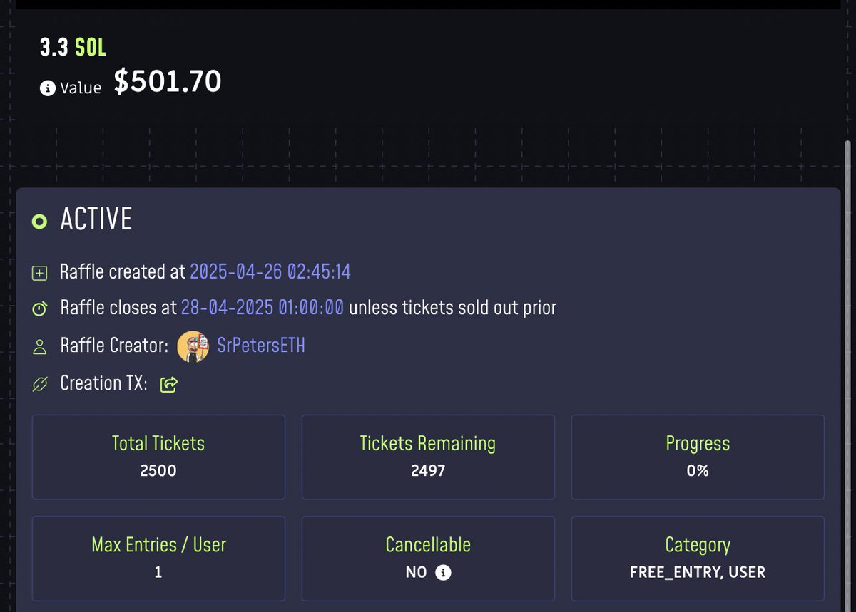 I’ve just created a FREE $500 RAFL on @RAFLDex.

Go and try your luck.

Love you degens :)