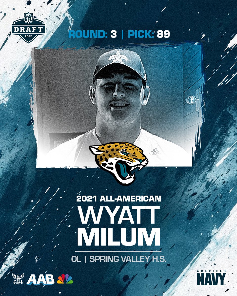 Navy All-American Bowl (@aabonnbc) on Twitter photo Headed to the Jags
2021 All-American Wyatt Milum (<a href="/MilumWyatt/">Wyatt Milum</a>) has been selected by the <a href="/Jaguars/">Jacksonville Jaguars</a>
#NFLDraft
#duuuval
#NavyAAB 🇺🇸 <a href="/AmericasNavy/">America's Navy</a> Headed to the Jags
2021 All-American Wyatt Milum (<a href="/MilumWyatt/">Wyatt Milum</a>) has been selected by the <a href="/Jaguars/">Jacksonville Jaguars</a>
#NFLDraft
#duuuval
#NavyAAB 🇺🇸 <a href="/AmericasNavy/">America's Navy</a>