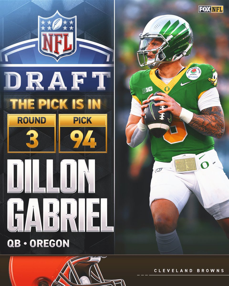 FOX Sports: NFL (@nflonfox) on Twitter photo With the 94th pick in the 2025 NFL Draft, the <a href="/Browns/">Cleveland Browns</a> select QB Dillon Gabriel With the 94th pick in the 2025 NFL Draft, the <a href="/Browns/">Cleveland Browns</a> select QB Dillon Gabriel