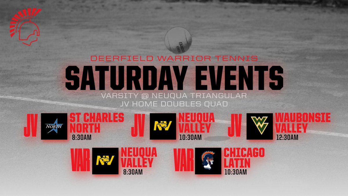 Varsity travels to Neuqua Valley for a pair of matches
JV hosts 3 teams for a doubles quad.
#DWarrior | #4D 
#stepUp #mixUp 
<a href="/DHS__Athletics/">Deerfield Athletics</a> <a href="/TennisNvhs/">Neuqua Valley Tennis</a> <a href="/CoachCup/">sean masoncup</a> <a href="/athleticswvhs/">Waubonsie Athletics</a>