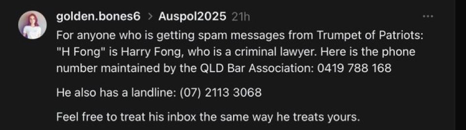 Spammed by Clive here is HFong’ s mobile number . 
He would love to hear from you as would the Queensland Bar association