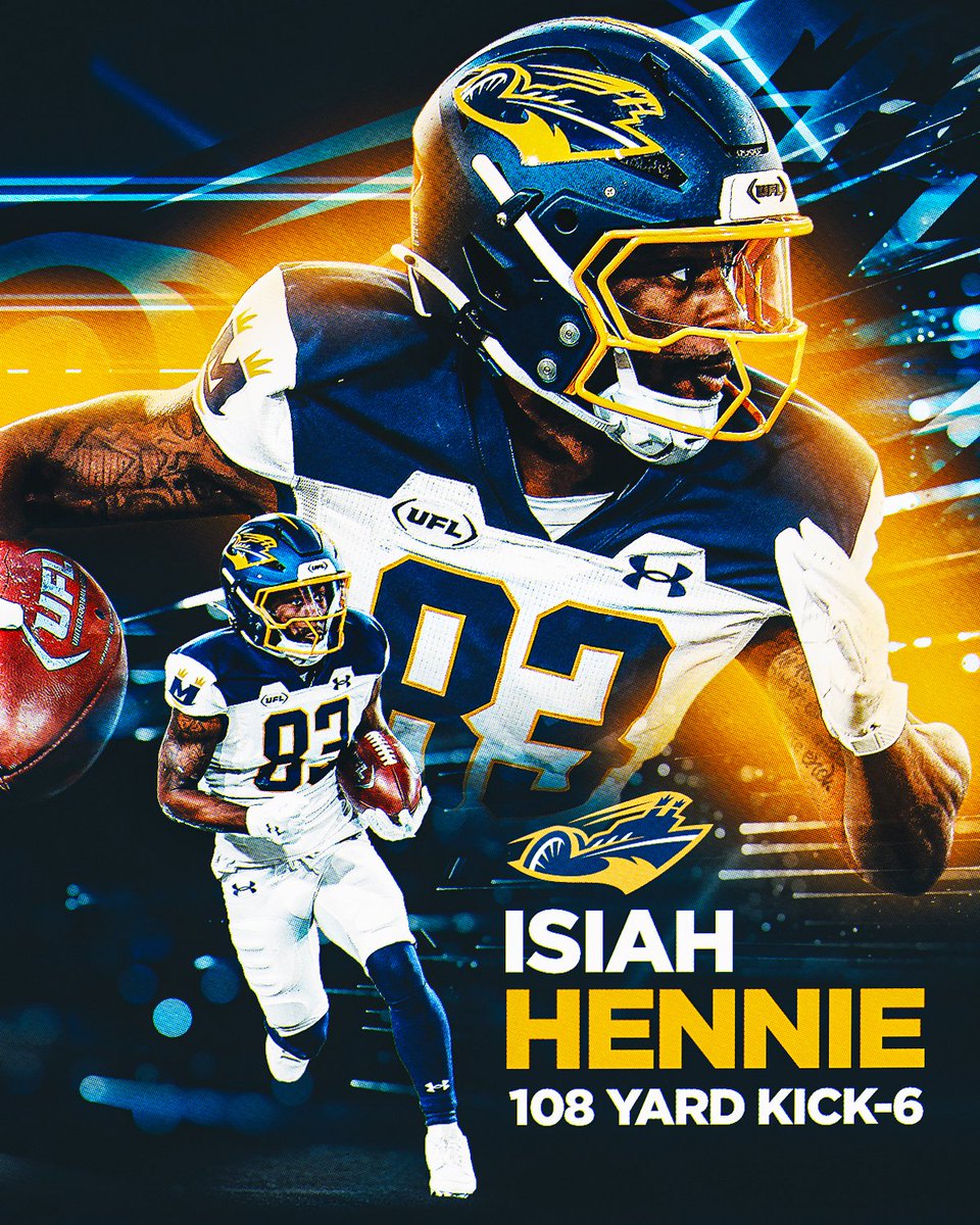 UFLonFOX (@uflonfox) on Twitter photo HISTORY FOR HENNIE! π
Isiah Hennie's 108-yard kick six is the longest TD return in <a href="/TheUFL/">United Football League</a> history! HISTORY FOR HENNIE! π
Isiah Hennie's 108-yard kick six is the longest TD return in <a href="/TheUFL/">United Football League</a> history!