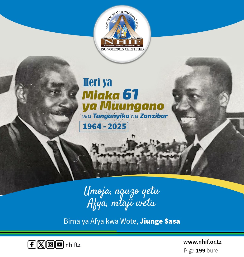 NHIF Tanzania (@nhiftz) on Twitter photo Heri ya Miaka 61 ya Muungano
Bima ya Afya kwa Wote, Jiunge Sasa
<a href="/wizara_afyatz/">Wizara ya Afya Tanzania ๐น๐ฟ</a> <a href="/TZMsemajiMkuu/">Msemaji Mkuu wa Serikali</a> <a href="/bima_afyatz/">BIMA YA AFYA KWA WOTE ๐น๐ฟ</a>
#nhiftz #bima #bimayaafyakwawote Heri ya Miaka 61 ya Muungano
Bima ya Afya kwa Wote, Jiunge Sasa
<a href="/wizara_afyatz/">Wizara ya Afya Tanzania ๐น๐ฟ</a> <a href="/TZMsemajiMkuu/">Msemaji Mkuu wa Serikali</a> <a href="/bima_afyatz/">BIMA YA AFYA KWA WOTE ๐น๐ฟ</a>
#nhiftz #bima #bimayaafyakwawote