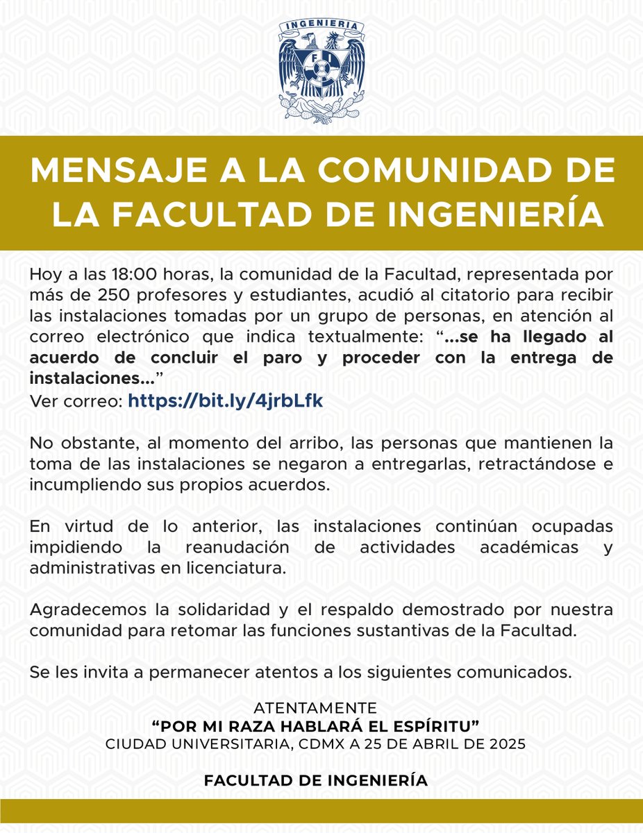 Ingeniería UNAM (@fiunam_mx) on Twitter photo Mensaje a la comunidad de la Facultad de Ingeniería.
Link del correo: bit.ly/4jrbLfk
<a href="/die_fi_unam/">División de Ingeniería Eléctrica</a> <a href="/DICT_FIUNAM/">División de Ingeniería en Ciencias de la Tierra</a> <a href="/dicyg/">DICyG - FI</a> <a href="/DIMEIFIUNAM/">DIMEIFIUNAM</a> <a href="/uatUnam/">Unidad de Alta Tecnología</a> <a href="/SocialesyHum_FI/">DCSyH FI UNAM</a> Mensaje a la comunidad de la Facultad de Ingeniería.
Link del correo: bit.ly/4jrbLfk
<a href="/die_fi_unam/">División de Ingeniería Eléctrica</a> <a href="/DICT_FIUNAM/">División de Ingeniería en Ciencias de la Tierra</a> <a href="/dicyg/">DICyG - FI</a> <a href="/DIMEIFIUNAM/">DIMEIFIUNAM</a> <a href="/uatUnam/">Unidad de Alta Tecnología</a> <a href="/SocialesyHum_FI/">DCSyH FI UNAM</a>