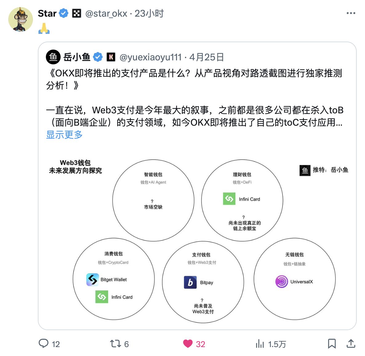 yuexiaoyu's tweet photo. 感谢OKX老板Star转发推文，也感谢OKX小伙伴们认可！

OKX Wallet是我入圈以来一直在关注的产品，每一次重大更新，我都会在第一时间进行研究分析。

OKX非常重视Web3业务，其产品其实就是创始人理念的最终体现，这也是为什么OKX Wallet能成为我们整个行业的标杆产品。

对于这样的标杆产品，自然值得一直跟随着进行研究学习，在这几年里，我目睹了OKX Wallet的几次大变化：

从做Cryptopedia满足空投玩家的需求，到早早布局比特币生态，成为比特币铭文的重要基建，再到后来重点发力DEX，提供了极其丝滑的交易体验。

OKX一直在不断突破自己的产品边界，也一次次建立了赛道的范式，成为了Web3行业的领跑者。

如今，OKX再次发力Web3支付赛道，抢占Web3支付的入口，目标是成为链上支付宝。

当我看到这个消息时，可以说是非常兴奋，我本身最近也在做支付业务，深刻地感知到这个赛道有多热以及天花板有多高，所以快速站在产品视角对OKX的支付产品进行了初步分析。

这篇分析文章得到了OKX创始人Star的认可，并进行了转发，同时OKX Builders群的小伙伴们也给出了很多正向反馈。

这就是跟着一个项目持续发展一起进步所带来的成就感！

希望我们可以都成为这个行业的Builder，一起深入参与项目，一起和产品共同成长，一起见证这个行业的风起云涌！

@mia_okx @okxchinese @okx @Cryptosis9_OKX @Haiteng_okx @star_okx