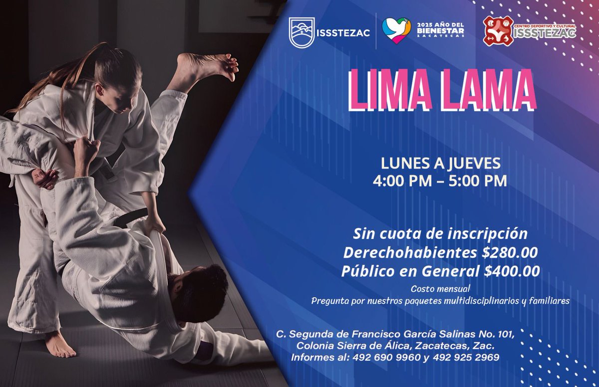 🥋I ¿Estás interesado en aprender Lima Lama?

El Centro Deportivo y Cultural del <a href="/issstezac/">ISSSTEZAC</a> te invita a formar parte de este atractivo taller que esta disponible en sus instalaciones.

#PazEsBienestar🕊