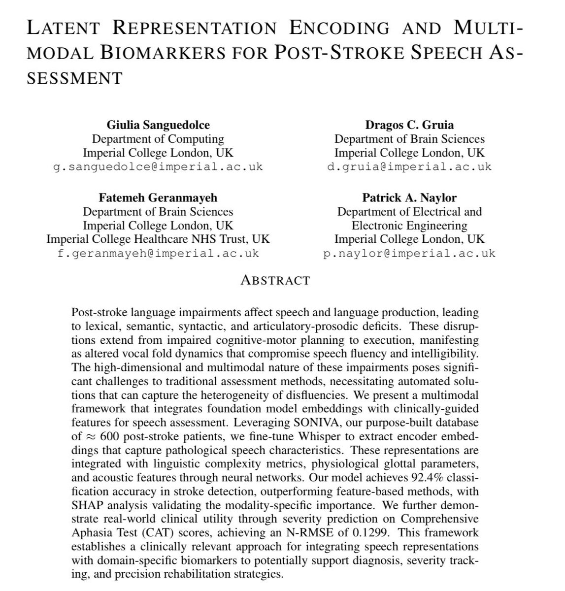 Giulia Sanguedolce (@giusanguedolce) on Twitter photo You can find me at ICLR 2025 in Singapore, where I’ll be presenting my work “Latent Representation Encoding and Multimodal Biomarkers for Post-Stroke Speech Assessment” on Sunday 27th, Hall 4 #6 and on Monday 28th, Peridot 201&206 🥳 <a href="/iclr_conf/">ICLR 2026</a>
<a href="/imperial_nlp/">Imperial NLP</a> <a href="/imperialeee/">Imperial EEE</a> You can find me at ICLR 2025 in Singapore, where I’ll be presenting my work “Latent Representation Encoding and Multimodal Biomarkers for Post-Stroke Speech Assessment” on Sunday 27th, Hall 4 #6 and on Monday 28th, Peridot 201&206 🥳 <a href="/iclr_conf/">ICLR 2026</a>
<a href="/imperial_nlp/">Imperial NLP</a> <a href="/imperialeee/">Imperial EEE</a>