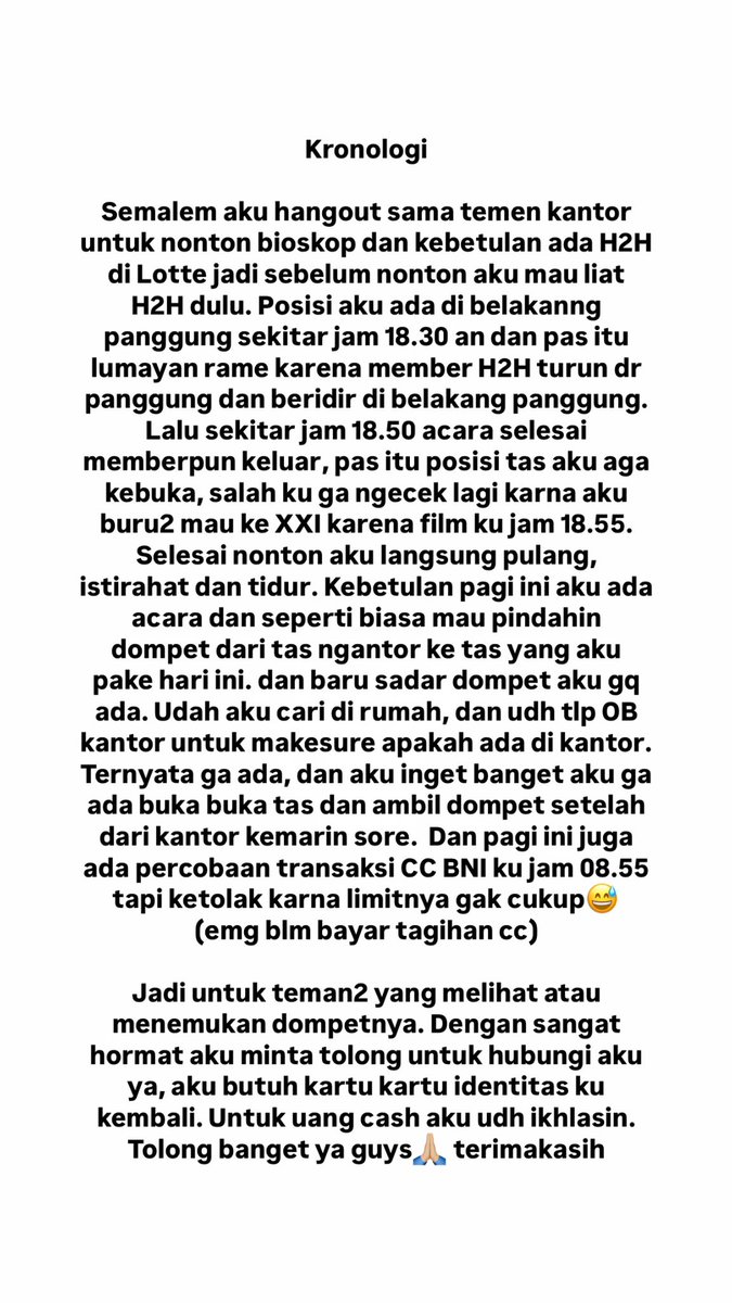 pydhtw's tweet photo. Help RT

Guys minta tolong untuk kalian yang kemarin sore-malam ada di Lotte Avenue, Kuningan, Jakarta. Semalem aku kehilangan dompet untuk yang lihat atau menemukan bisa DM aku ya. Untuk info dan kronologi nya ada difoto ini.

Makasih banyak🙏🏼🙏🏼

#H2H_in_JAKARTA #H2H https://t.co/ggQJzYHj98