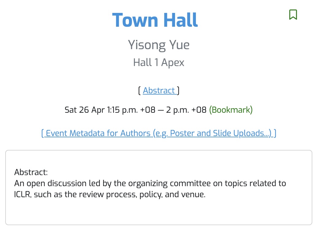 #ICLR2025 Town Hall happening today at 1:15pm in Hall 1 Apex.