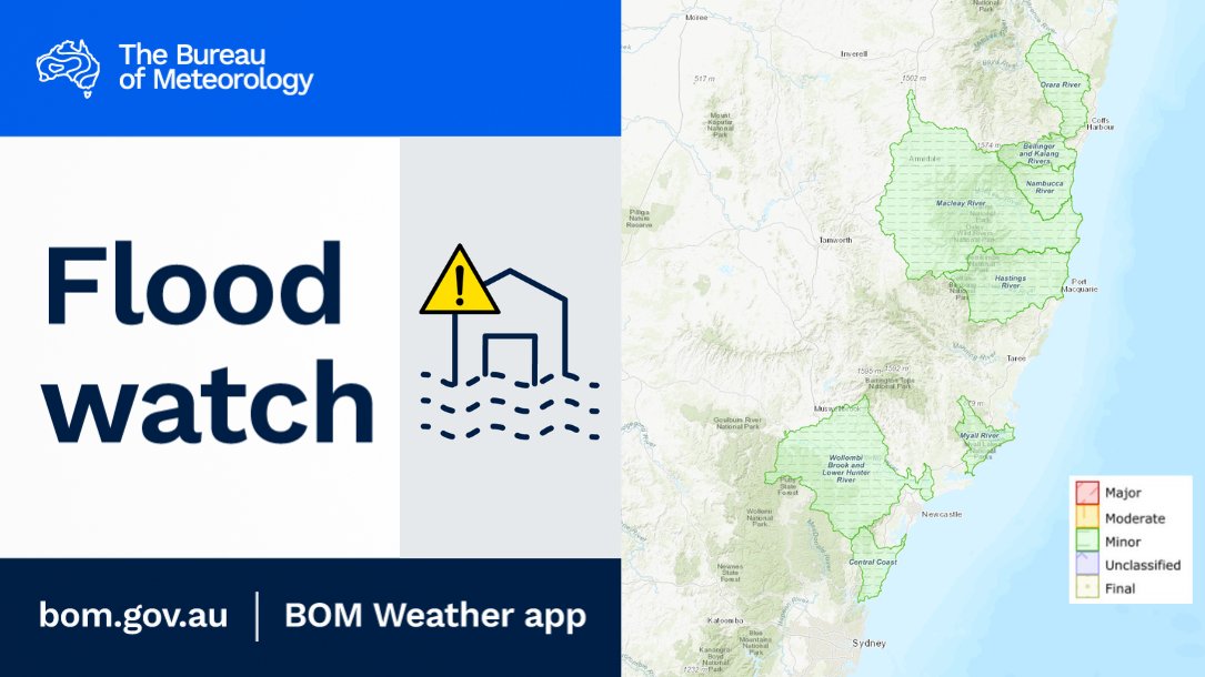 BOM_NSW's tweet photo. ⚠️Initial #FloodWatch for parts of the Mid North Coast & Central Coast catchments.
🟩 Minor #flooding possible from Sat night on #OraraRiver #BellingerRiver #KalangRiver #NambuccaRiver #MacleayRiver #HastingsRiver #MyallRiver #WollombiBrook #TuggerahLake
https://t.co/dxe440EbLa https://t.co/HebZaZOoWb