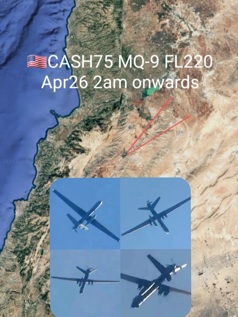 LebanonJets's tweet photo. #USAF MQ-9 callsign #CASH75 operating in north-east #Lebanon near the border with #Syria again this morning from 2am at 22,000ft 6,700m https://t.co/n0RA29vLqf