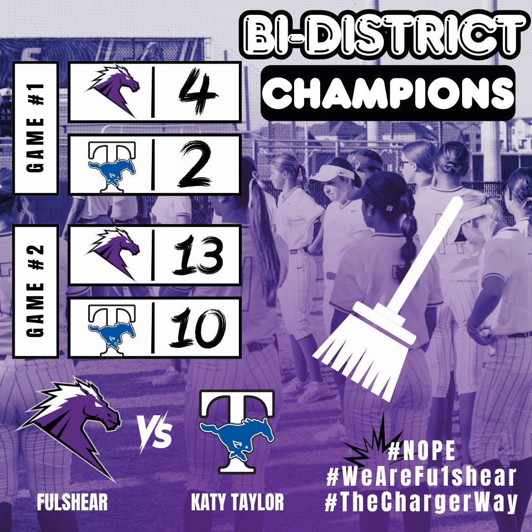 Charger Nation (@chargerschools) on Twitter photo Introducing your newly crowned 2025 Bi-District Champions…
🏆🥎 🔥⚡️
The Lady Chargers swept the series in two consecutive games sending Katy Taylor HS back to dugout!
Congratulations to the team, coaches, families, and many fans! 🎉
<a href="/fulshear_sball/">Fulshear Softball</a>
<a href="/lcisdathletics/">LCISD ATHLETIC DEPT.</a> Introducing your newly crowned 2025 Bi-District Champions…
🏆🥎 🔥⚡️
The Lady Chargers swept the series in two consecutive games sending Katy Taylor HS back to dugout!
Congratulations to the team, coaches, families, and many fans! 🎉
<a href="/fulshear_sball/">Fulshear Softball</a>
<a href="/lcisdathletics/">LCISD ATHLETIC DEPT.</a>