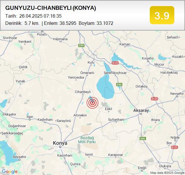 GUNYUZU-CIHANBEYLI (KONYA)
Büyüklük: 3.9
Tarih:
 26.04.2025
Saat:
 07:16:35
Derinlik:
 5.7 km #deprem #KONYA