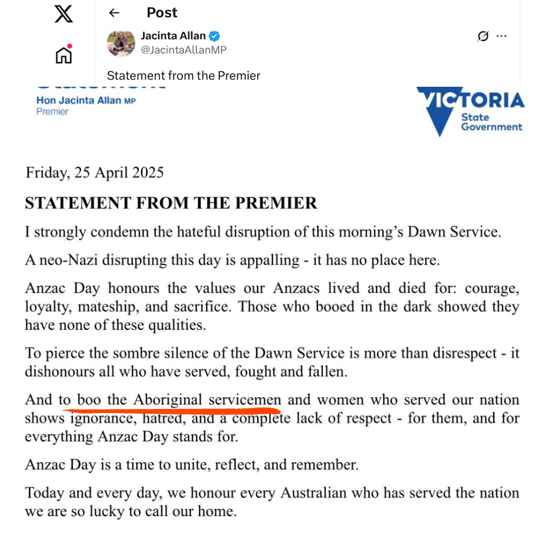 Victorian Premier Jacinta Allan is a lying, dishonest, deceitful and nasty piece of work. 

She must know that no one was "booing" aboriginal servicemen.

She must know that all servicemen that fought to protect Australia are held in the highest esteem irrespective of race,