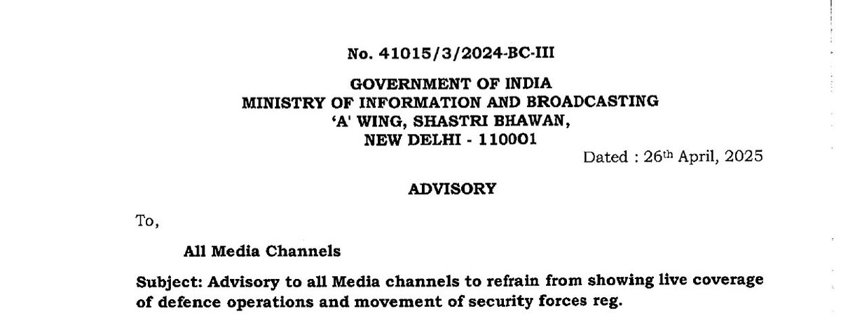 MeghUpdates's tweet photo. 🚨 BREAKING NEWS

Modi govt issues IMPORTANT advisory to all media channels 

"In view of national security, all media platforms, news agencies, and social media users are advised to REFRAIN from showing live coverage of DEFENCE ops or reporting based on source-based info." https://t.co/h2jcDR53TC