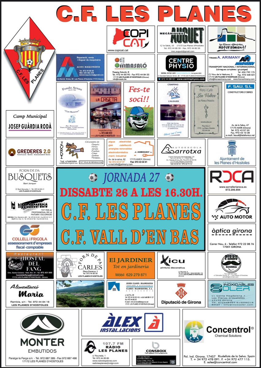 🔛 AVUI JUGUEM A CASA‼️

🆚 C.F. Vall d’en Bas
⏰ 16:30h (horari modificat)⚠️
⚽️ Jornada 27
🏟️ Municipal Guàrdia i Rodà

#SomhiNyerros #OrgullPlanenc #4cat3