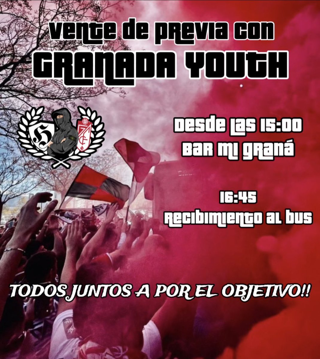 Llegó el día y nosotros no pensamos fallar💪🏼. Desde las 15 estaremos en el Bar Mi Graná para empezar a crear el ambiente que merece el dia d hoy. A las 16:30 iremos todos juntos en corteo al recibimiento, no vamos a fallar y sabemos q vosotros tampoco. OS ESPERAMOS💪🏼🔥🧨