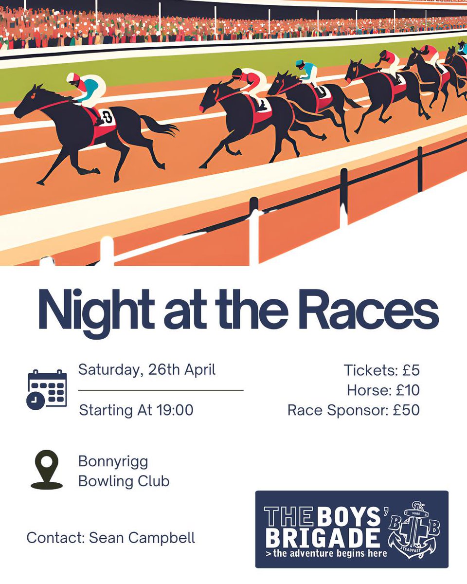 Night at the races

Reminder - Arrive from 7pm - Bonnyrigg Bowling Club. 

A few horses still available and tickets for any last minute people. 

Please bring some small change to help with the horse races. 

See you all tonight