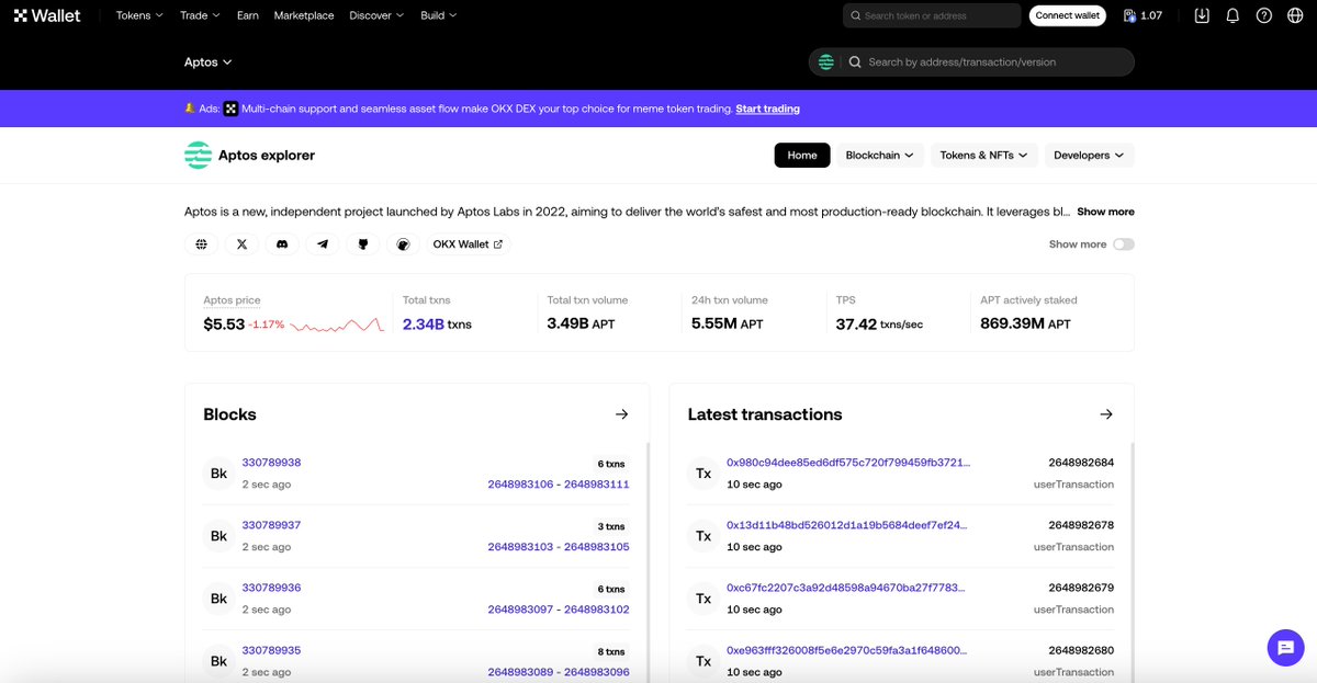 okxexplorer's tweet photo. Big news for the @Aptos community!  
We've upgraded #OKXExplorer for Aptos 🔥 

Now with: 
◽️Improved readability of token (coin & NFT) transfers, e.g. token inflow/outflow. 
◾️Real-time updates on token prices, changes and holder statistics.
◽️Holder distribution.  

🧐 Explore with us
https://t.co/YmSPhhhUHW
@AptosLabs