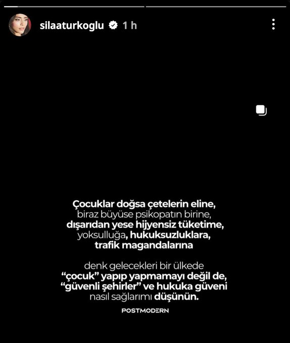 Sıla Türkoğlu:

 "Çocuk yapıp yapmamayı değil de, güvenli şehirler ve hukuka güveni nasıl sağlarım, onu düşünün."